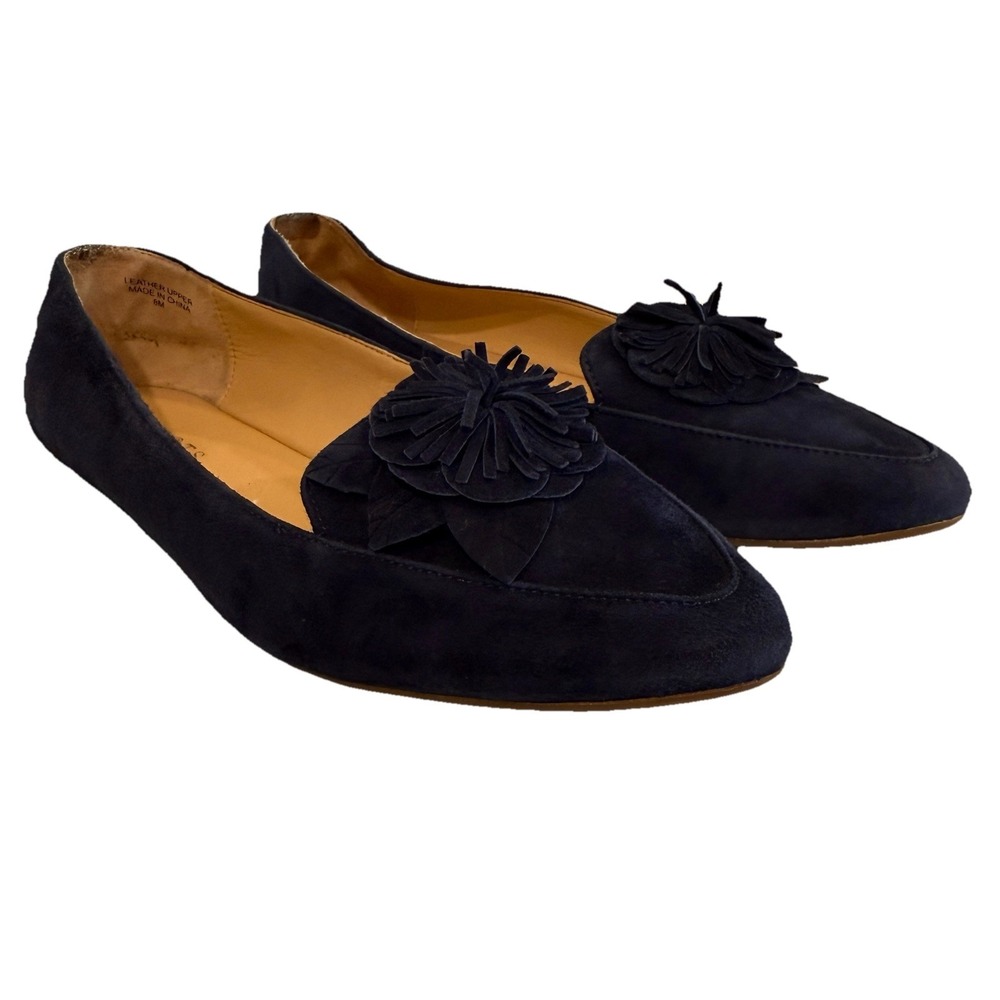 Talbots Navy Suede Leather Loafer Flats Womens 8M 3D Flower Pointed Toe Office - Picture 2 of 10